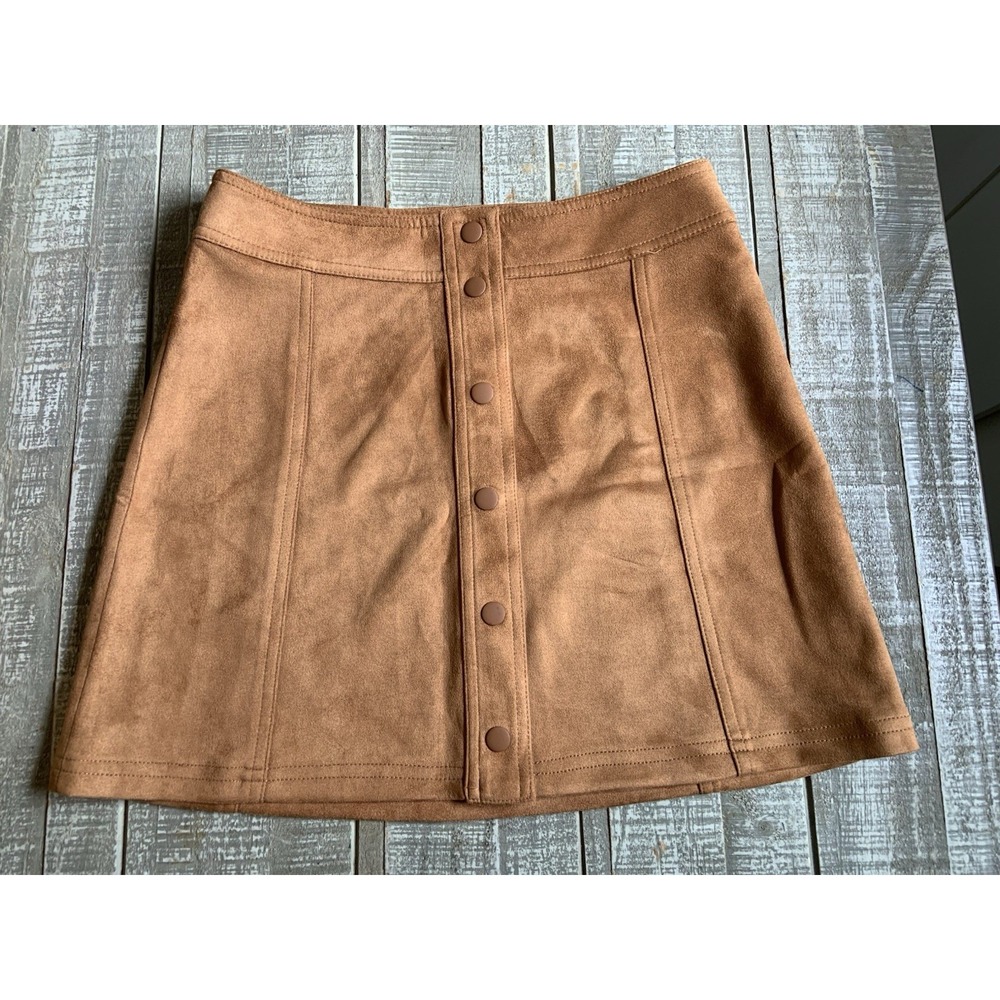 Relish NoLess Women's Brown Camel Faux Suede A LIne Skirt Size Small Button Up